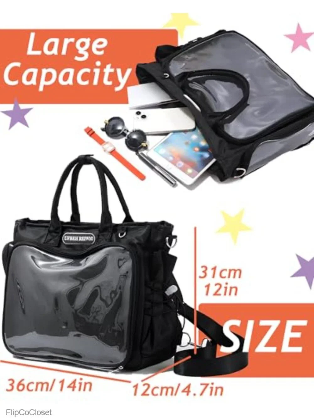 Large Ita Backpack Crossbody Tote Bag Clear Window Pin Display